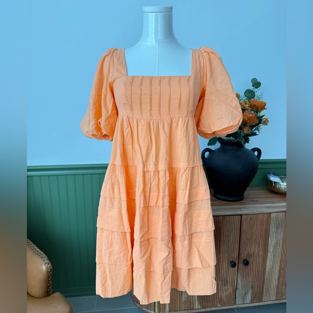 Anthropologie Square-Neck Puff-Sleeve Tiered Dress light orange size XXS NWOT